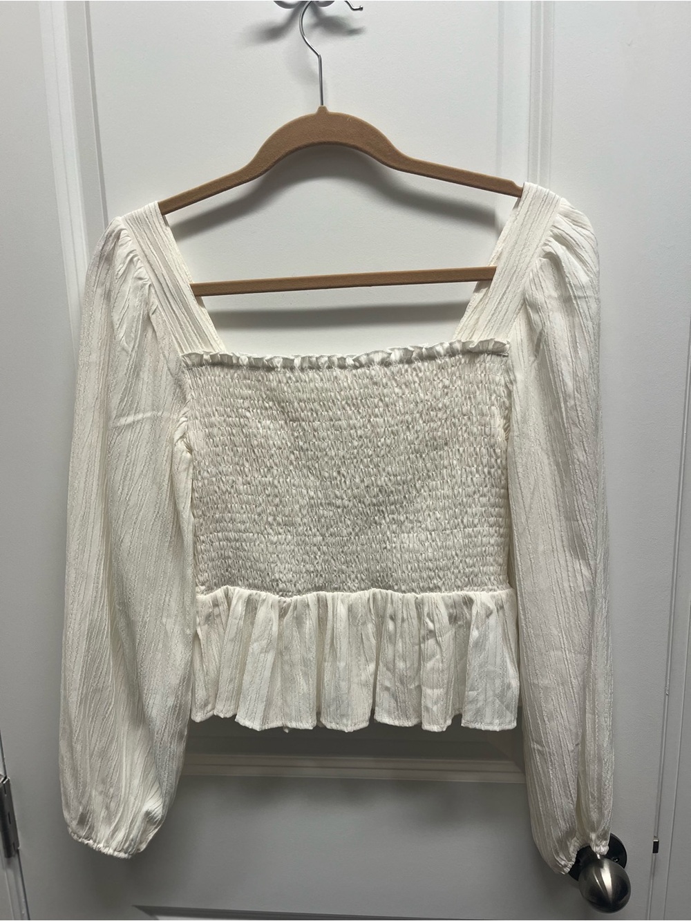 Romantic Cream Smocked Square Neck Ruffle Peplum Top M coquette